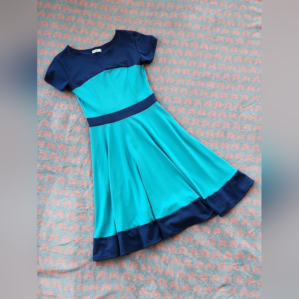 Junie Blake ModCloth Teal & Blue Colorblock Swing Dress Size Large